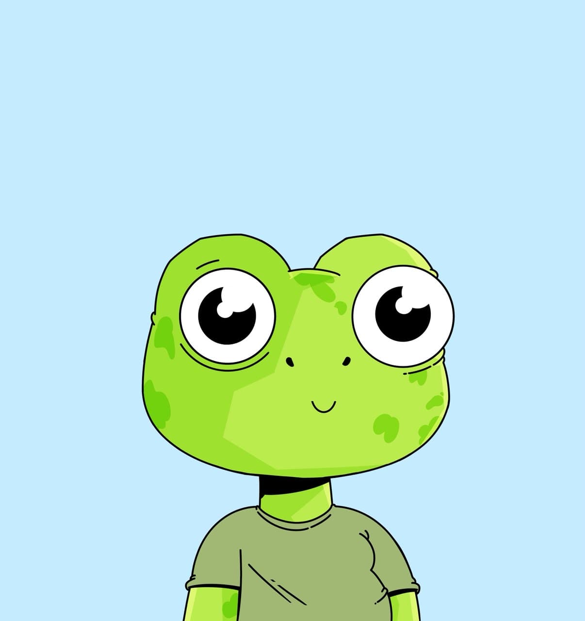 A Hophead: a bright green frog with huge round eyes and a small smile, wearing an olive t-shirt, on a pale blue background.